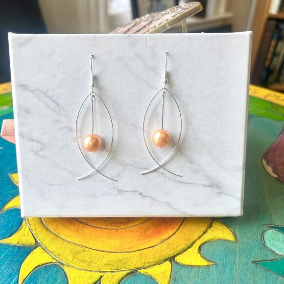 Silver Fish Earrings with Hanging Apricot Faux Pearl Bead - Picture 2 of 3